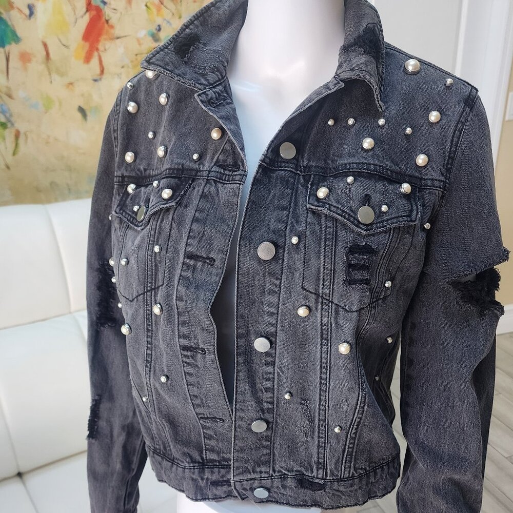 TINSEL Women’s Distressed Black Denim Jacket with Pearl Accents - Size S - Picture 1 of 12